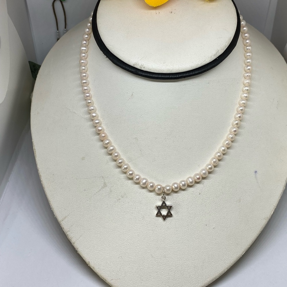 5mm cultured freshwater pearl with sterling silver Star of David charm necklace